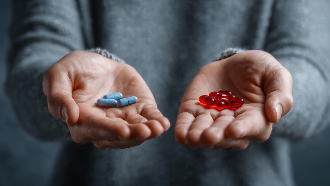 A Comparative View of Two Types of Pills Held in Open Hands, Highlighting Choices in Medicine and Wellness Supplements for Health Considerations