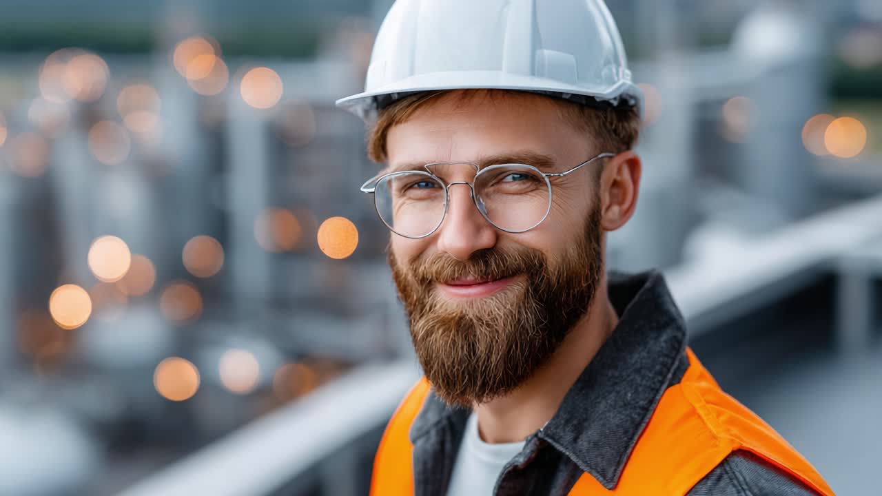 Confident Male Worker in Safety Gear Smiling on Industrial Roof Overlooking Urban Landscape with Blurred Lights, Highlighting Professionalism and Safety Consciousness