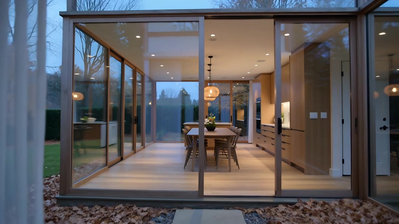 Zurückfahrende Kamera enthüllt Glaszimmer hinter transparenten Vorhängen zu Hause, das ein warmes Interieur mit Tisch zeigt