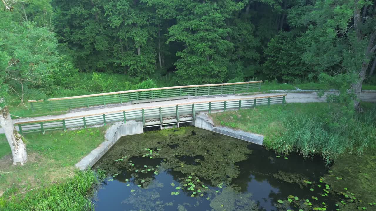 드론은 유럽의 새벽에 밝은 호수 위를 날아다니며 조용한 호수, 울창한 숲, 우아한 다리를 촬영합니다.