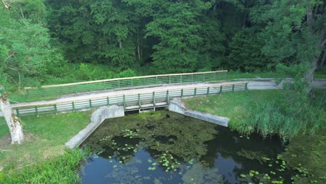 "drone glides over europe's dawn-lit lake, capturing a tranquil lagoon, lush forest, and an elegant bridge