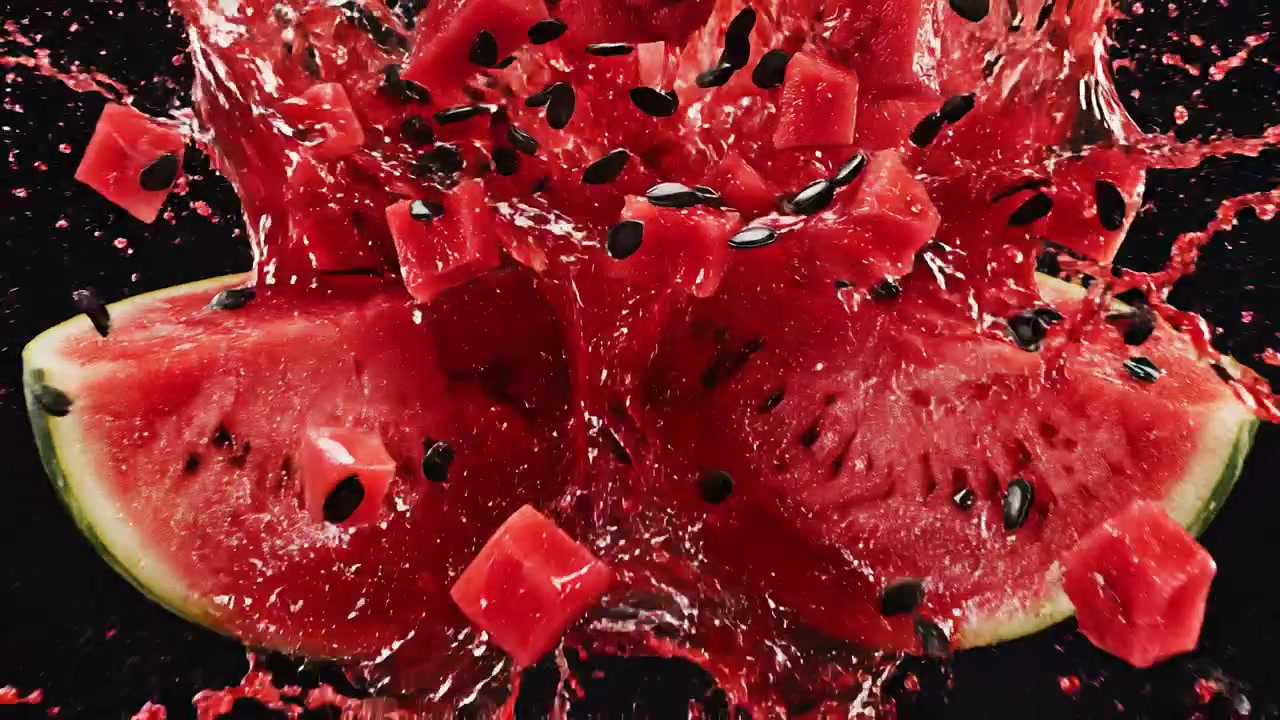Hel vannmelon med rød saft som siver ut fra et tverrsnitt