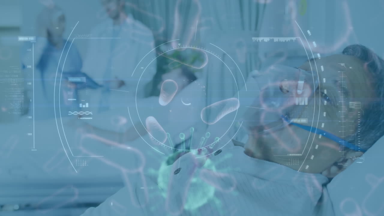 스 ⁇  스캐닝과 코로나19 세포가 병원 침대에 있는 환자를 향해 움직입니다.