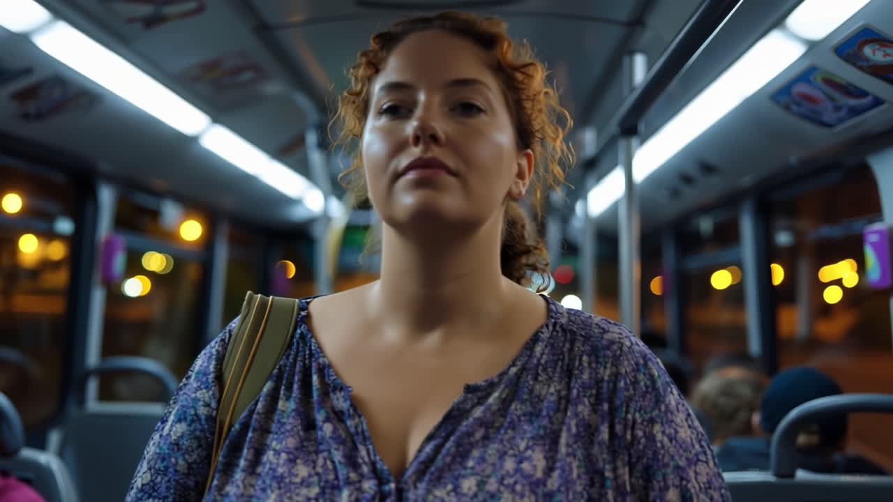 Woman stands calmly on public transport at night. Her gaze meets the camera with quiet confidence. Soft lighting highlights her thoughtful expression. Passengers sit around her, blurred in background