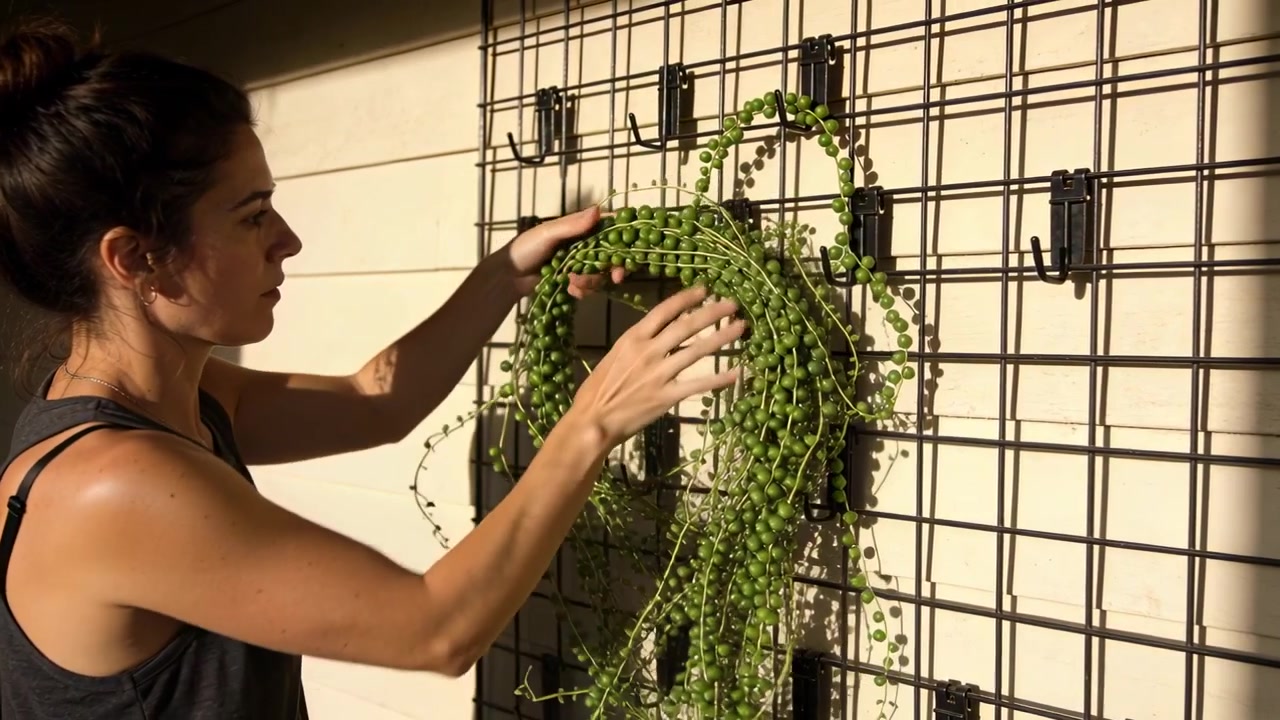 Kvinde i mørk tanktop løfter plante, arrangerer krans på espalier til vægdekoration, med plads til tekst.
