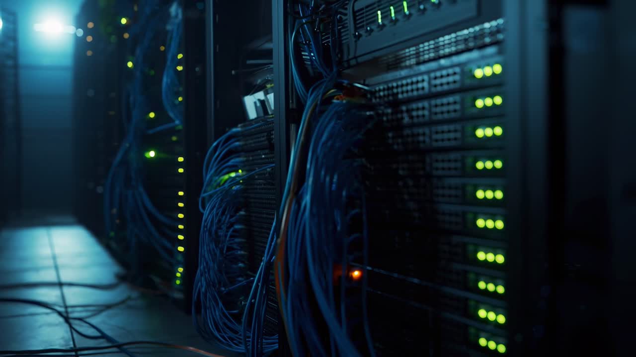 Low-angle shot of server racks with glowing lights and cables, ideal for tech video
