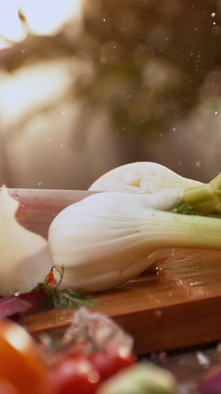 Preparing fresh fennel and vegetables for cooking