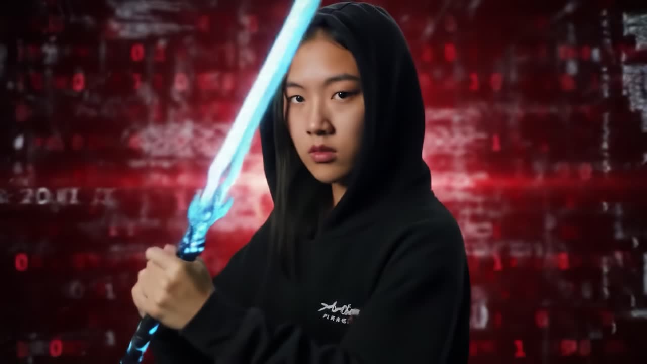 A skilled fighter stands poised with a glowing blue sword, exuding confidence and strength against a backdrop of digital chaos and vibrant red patterns, ready for action