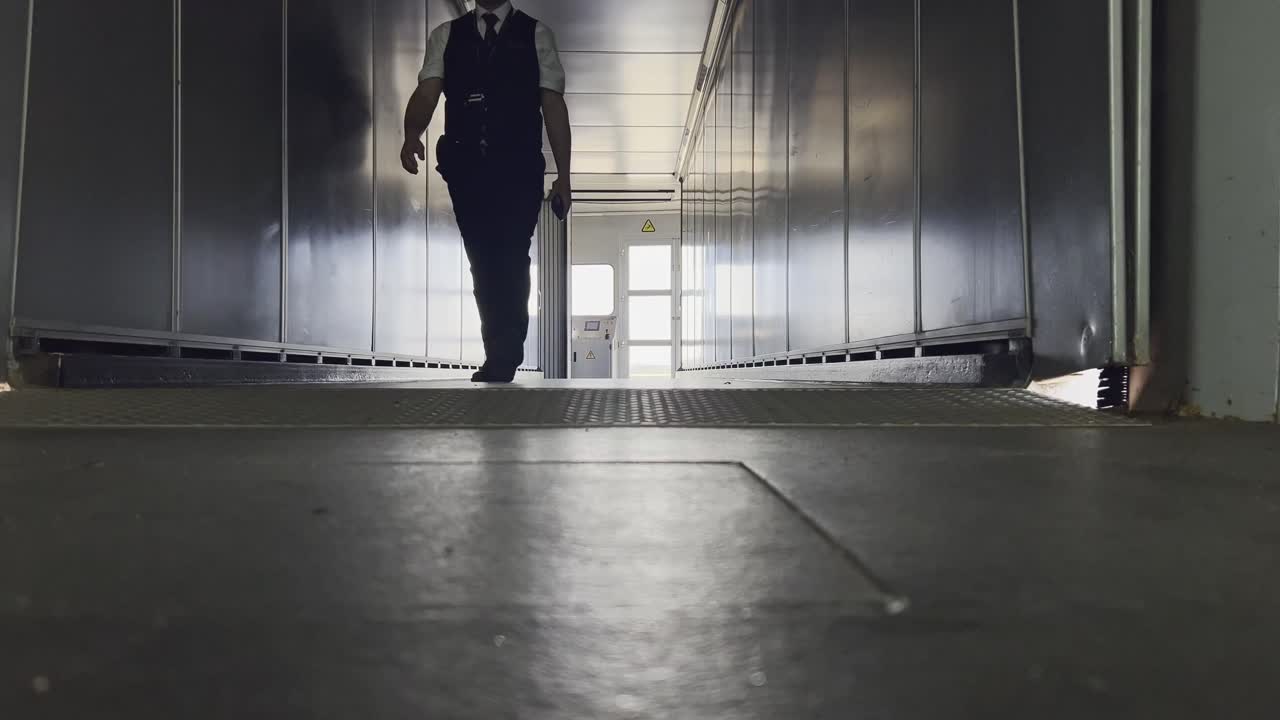 Low-angle shot of a male airport worker in uniform walking towards the camera inside a metallic loading bridge tunnel. For travel, airport operations, and transport concepts
