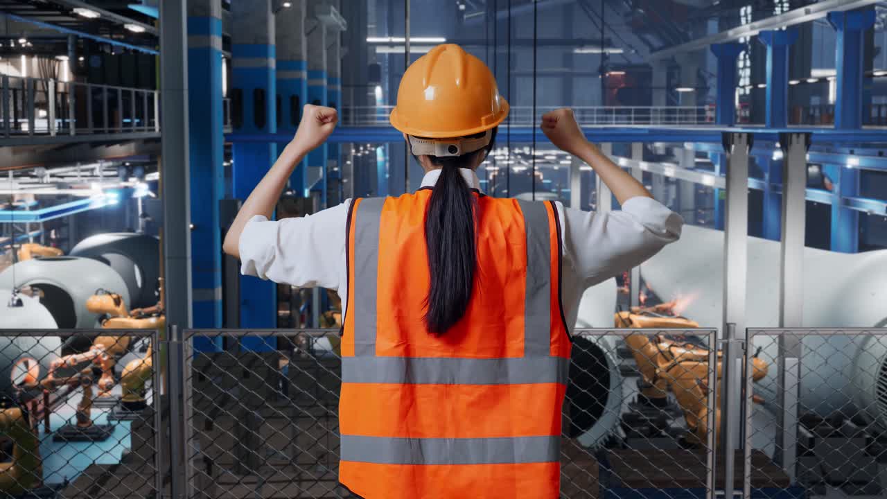 안전 헬을 입은 아시아 여성 엔지니어가 손을 들어서 풍력 터빈 제조 공장에서 일하는 것을 축하하고 있습니다.