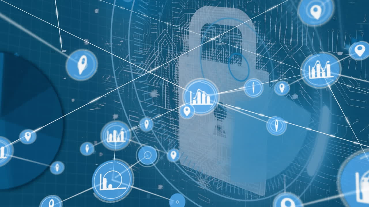 animación de la red de conexiones con iconos digitales y candado