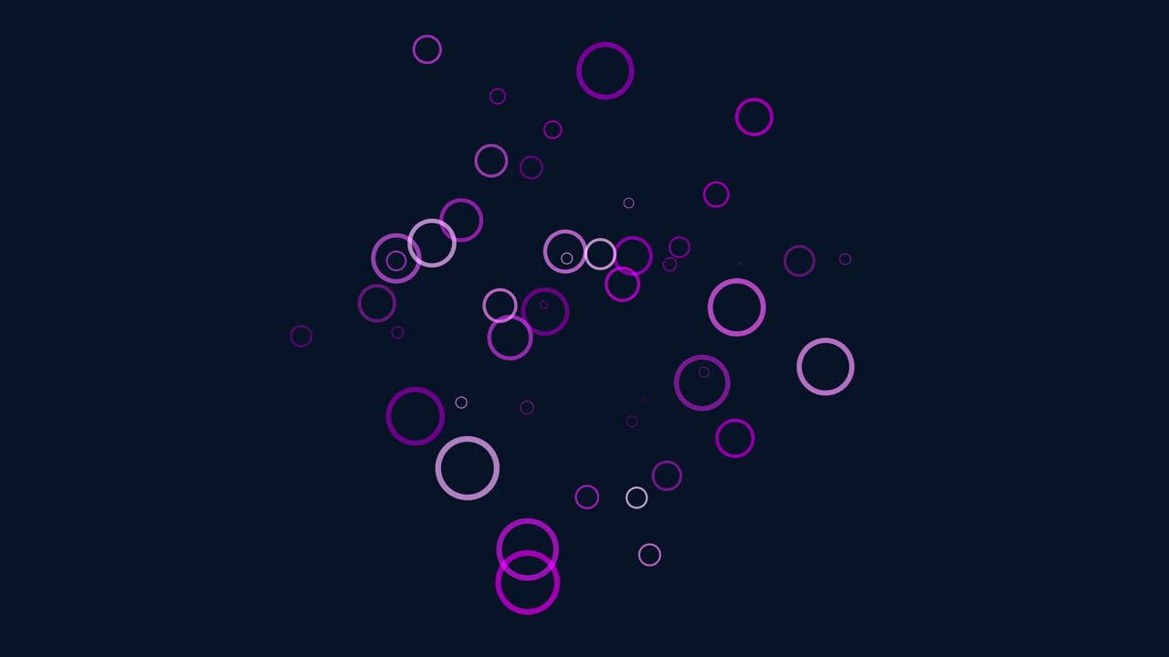 Geanimeerde neon paarse ringcirkels zweven en pulseren op een donkerblauwe achtergrond, wat een moderne abstracte achtergrond in tech-stijl creëert voor presentaties, apps en UI-ontwerp.