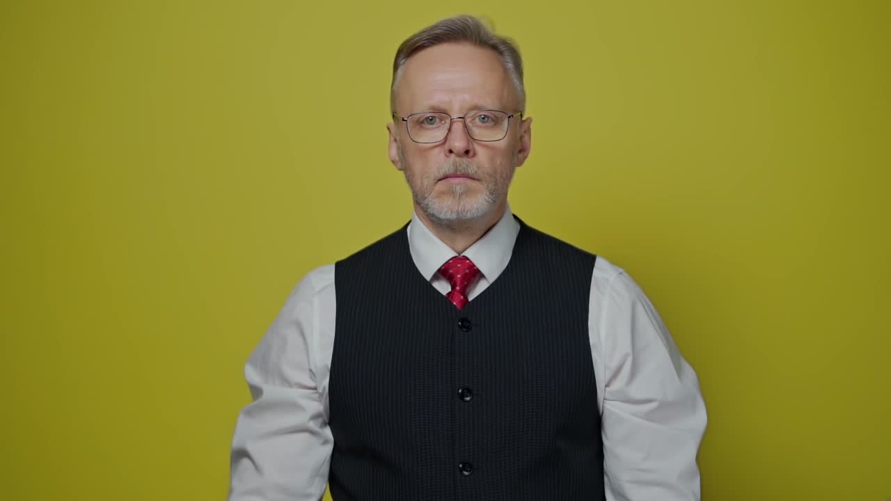 Portrait of a serious senior businessman. Mature man with grey beard in glasses standing on a yellow background and looking at camera.