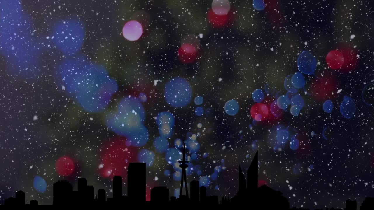 크리스마스의 애니메이션 빛의 반이는 반점과 도시 풍경 위에 내리는 눈