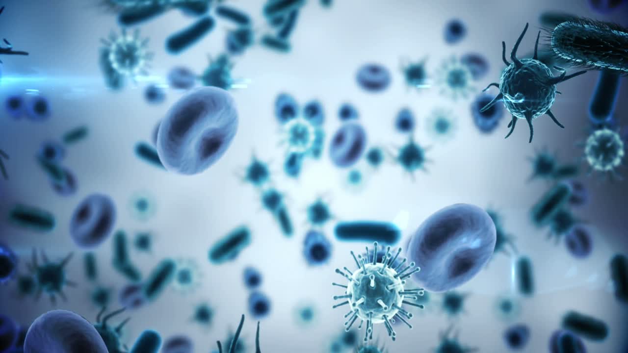 Digitally generated virus cells, red blood cells and bacteria against blue background
