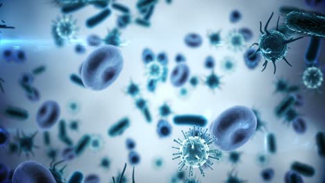 Digital-Generierte-Viruszellen,-Rote-Blutkörperchen-Und-Bakterien-Vor-Blauem-Hintergrund
