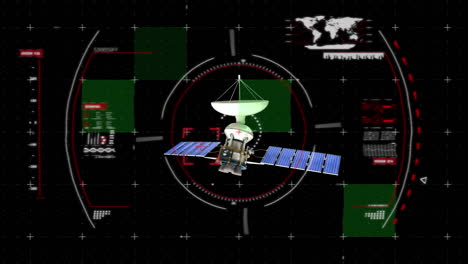 animación de satélite sobre el globo y procesamiento de datos y escaneo de alcance sobre fondo negro