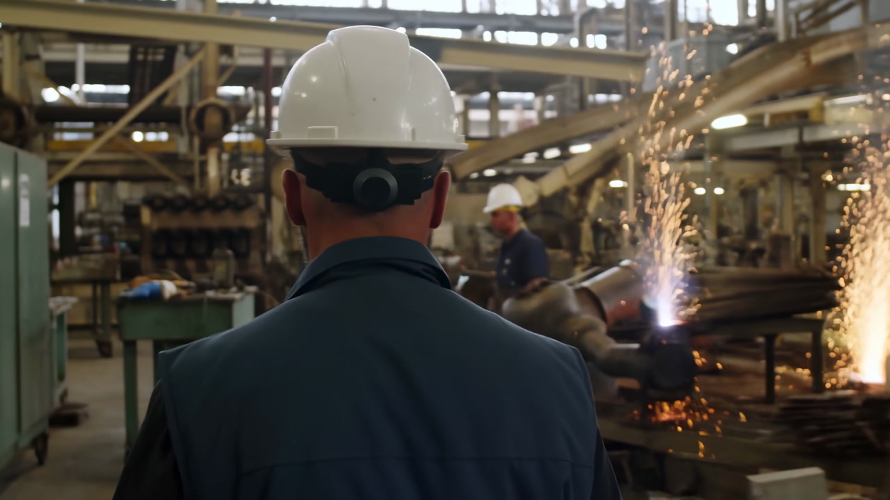 Factory Floor Supervisor In Hardhat Observing Welding Sparks Amid Heavy Machinery, Back View Of Inspector