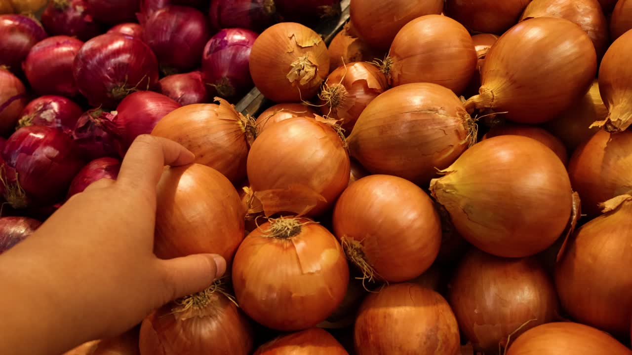recogiendo cebollas a mano de una exhibición en el mercado