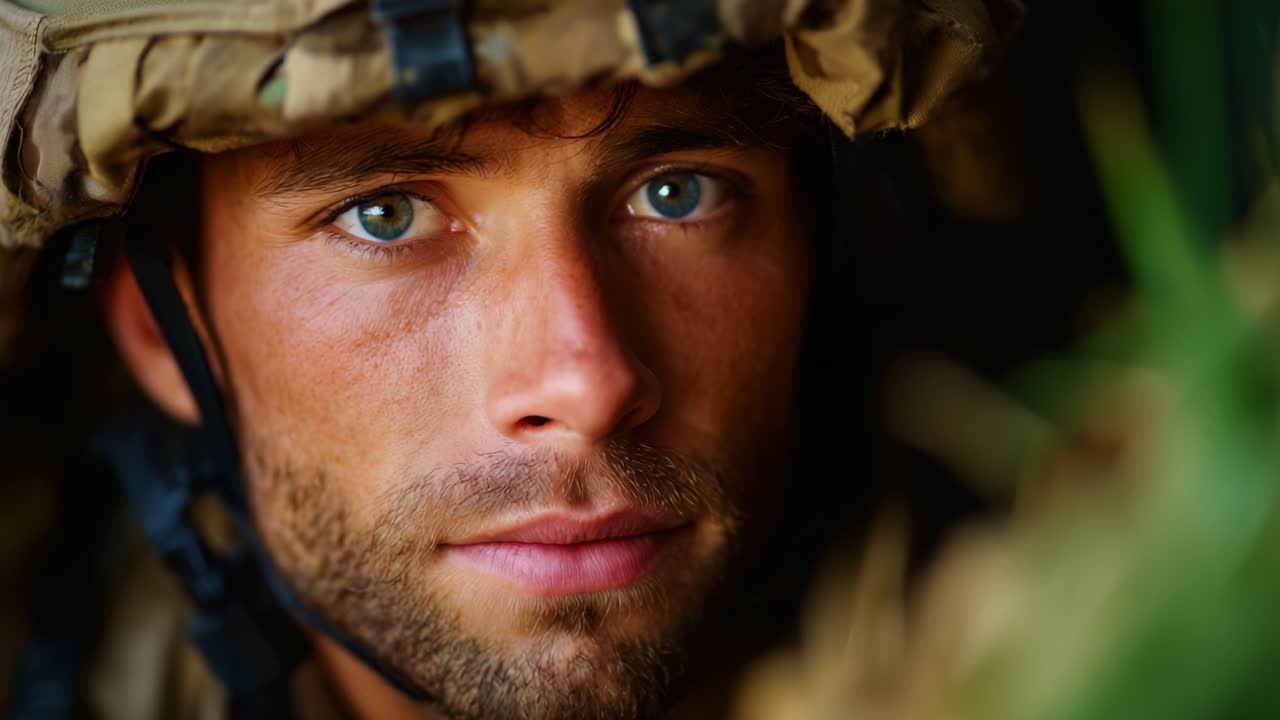 Primo piano intenso di un soldato con occhi azzurri penetranti ed equipaggiamento mimetico, che cattura emozione e determinazione in un contesto militare