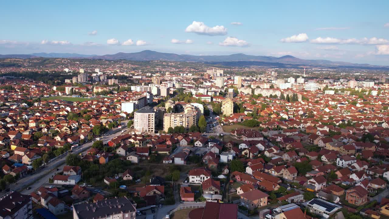 Cacak, Serbia. Aerial View of Cityscape on Sunny Summer Evening