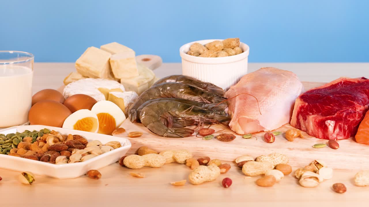 테이블에 있는 단백질이 풍부한 다양한 음식
