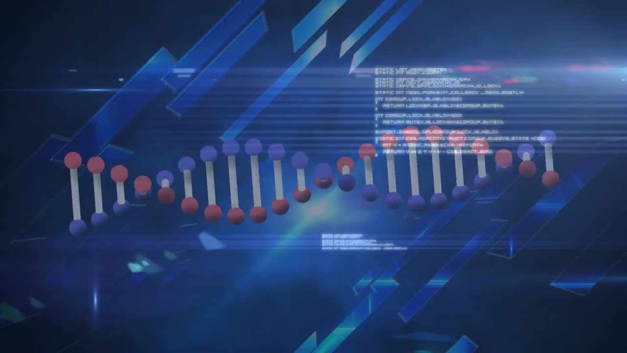 Animation of dna strand and data processing over blue squares on black background