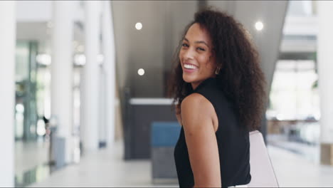 Portrait,-walking-and-business-woman-wave