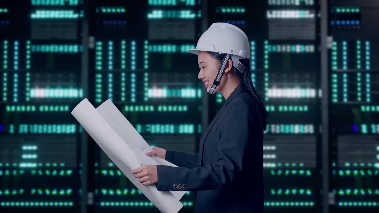 Side View of Asian Businesswoman Looking At Blueprint In Her Hands While Walking in Server Room Data Center
