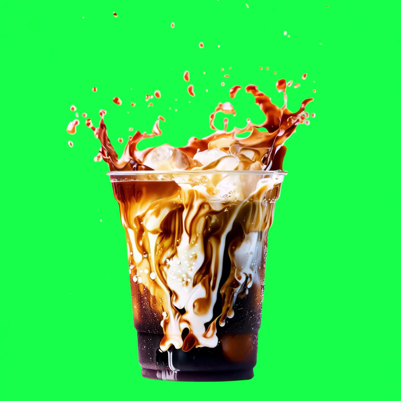 Dynamic iced coffee splash animation, transparent 4K video, green screen