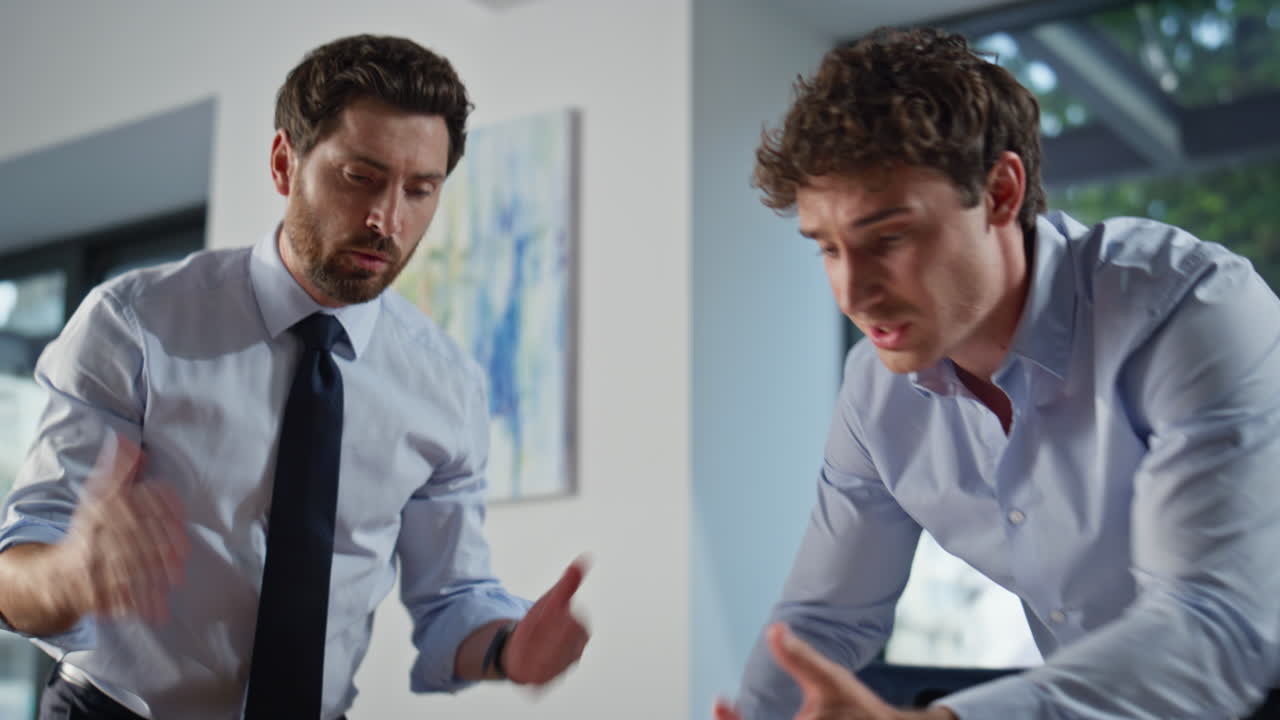 Businessmen hands doing paperwork at agency office closeup. Angry boss talking