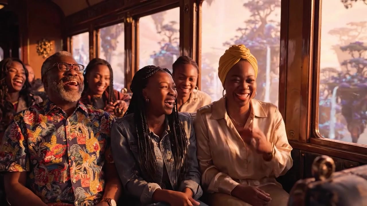 A Joyful Journey: Laughter and Connection Among Friends in a Train Setting with Enchanting Scenery Outside the Window