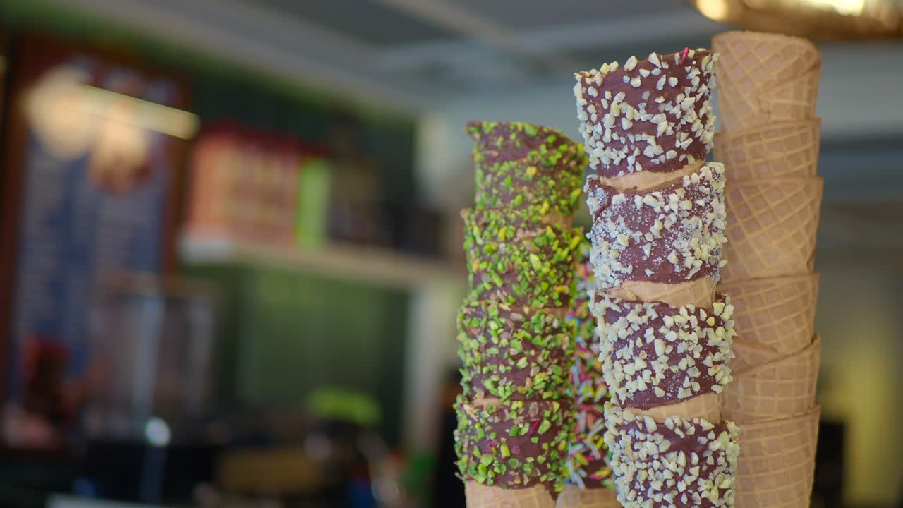 primer plano de conos de waffle sumergidos en chocolate con pistachos y salpicaduras