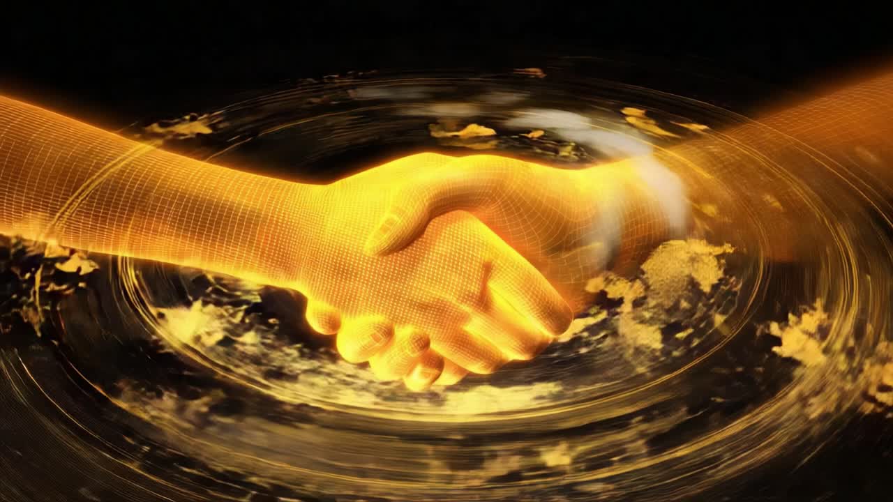 Digital golden wireframe hands shaking above an abstract energy field, symbolizing futuristic business partnership, virtual agreement, AI driven collaboration and trust