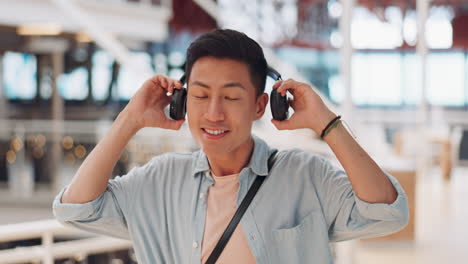 Man,-face-and-headphones-in-mall-with-smile