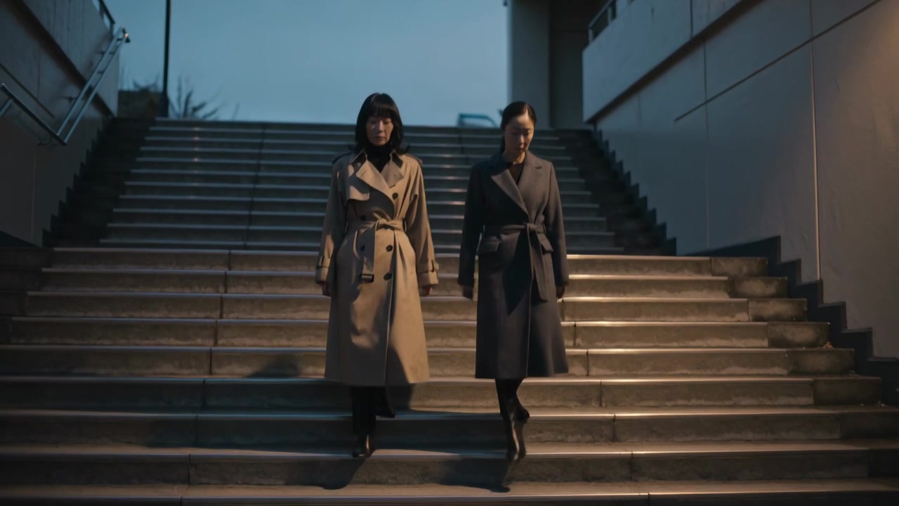 Walking two women in belted coats from top step descending staircase to street level with lamp