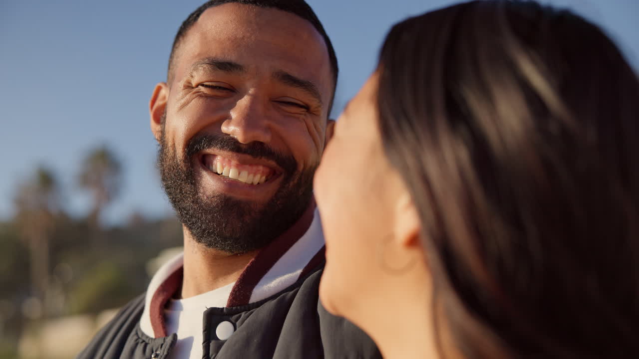Happy, nature and couple laugh