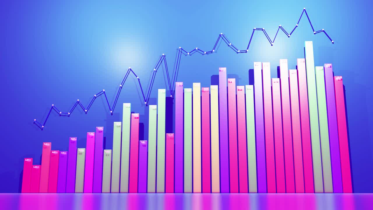 hermoso fondo con infografías abstractas en bucle. barras, contadores y gráficos. concepto de crecimiento, progreso hacia adelante. bg financiero de columnas multicolores y gráficos para programas analíticos