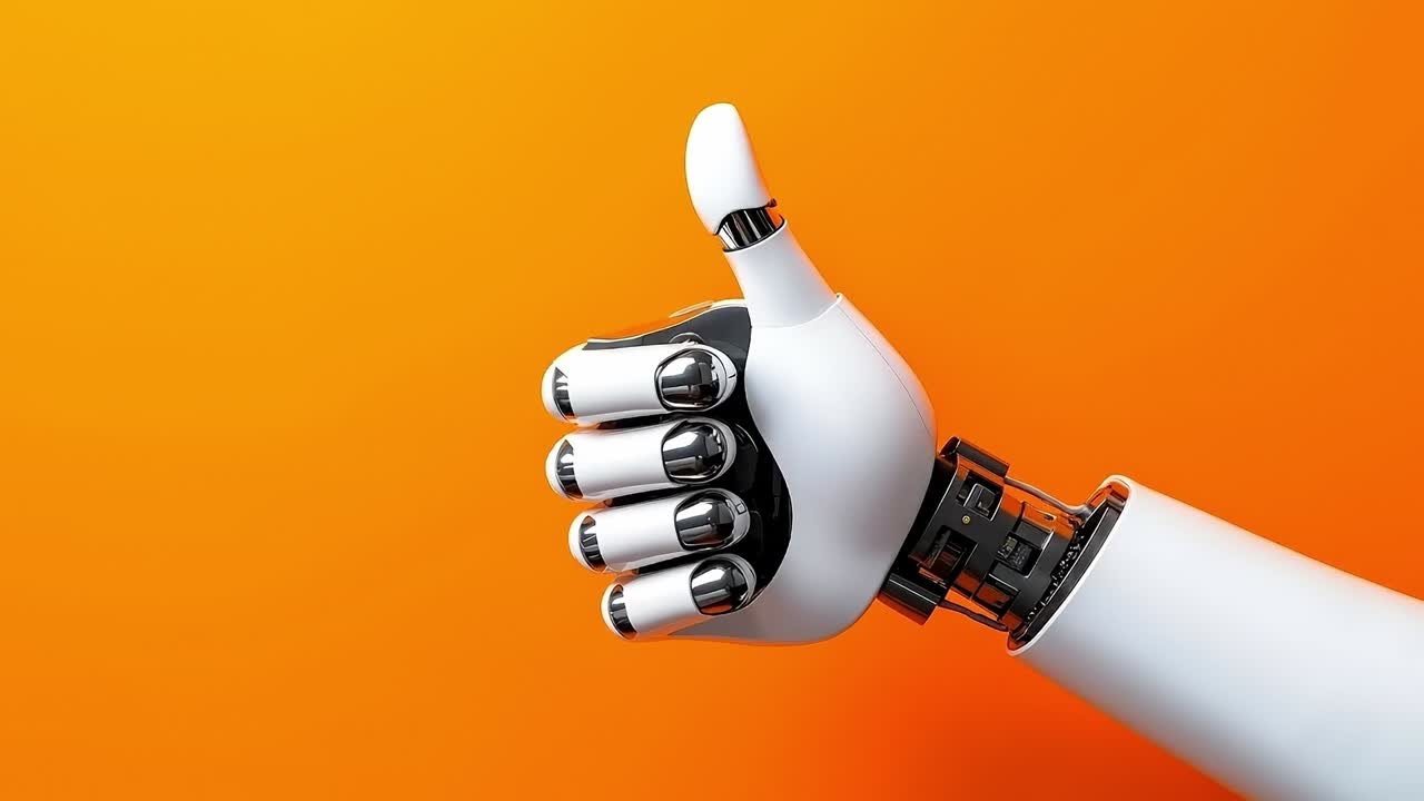 A robotic hand reaching up to touch something on an orange background