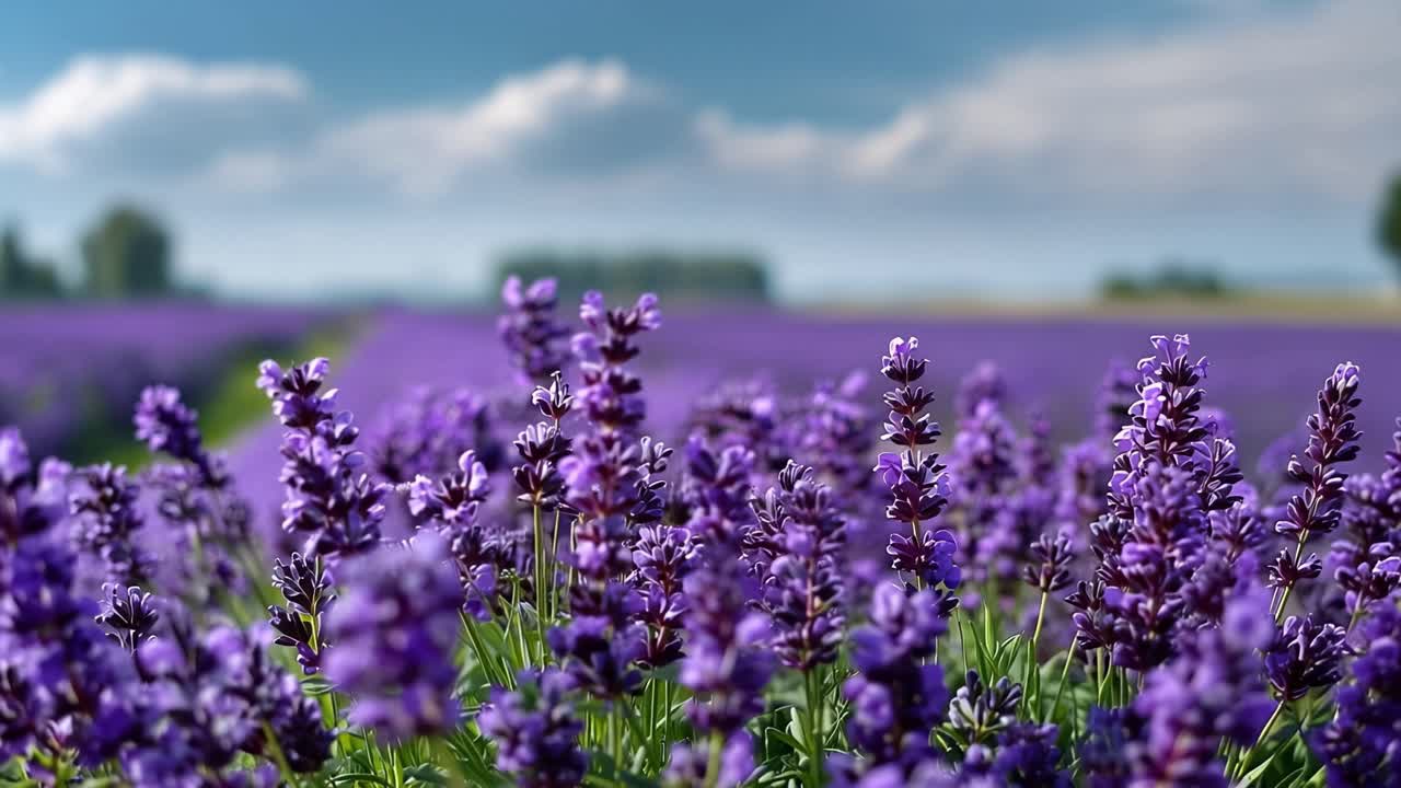 Fiori viola ondeggiano delicatamente in un vasto campo. Il cielo sopra è blu con nuvole soffici e fluttuanti. Steli verdi si ergono sotto i fiori profumati. La luce del sole brilla calorosamente su ogni delicato fiore.