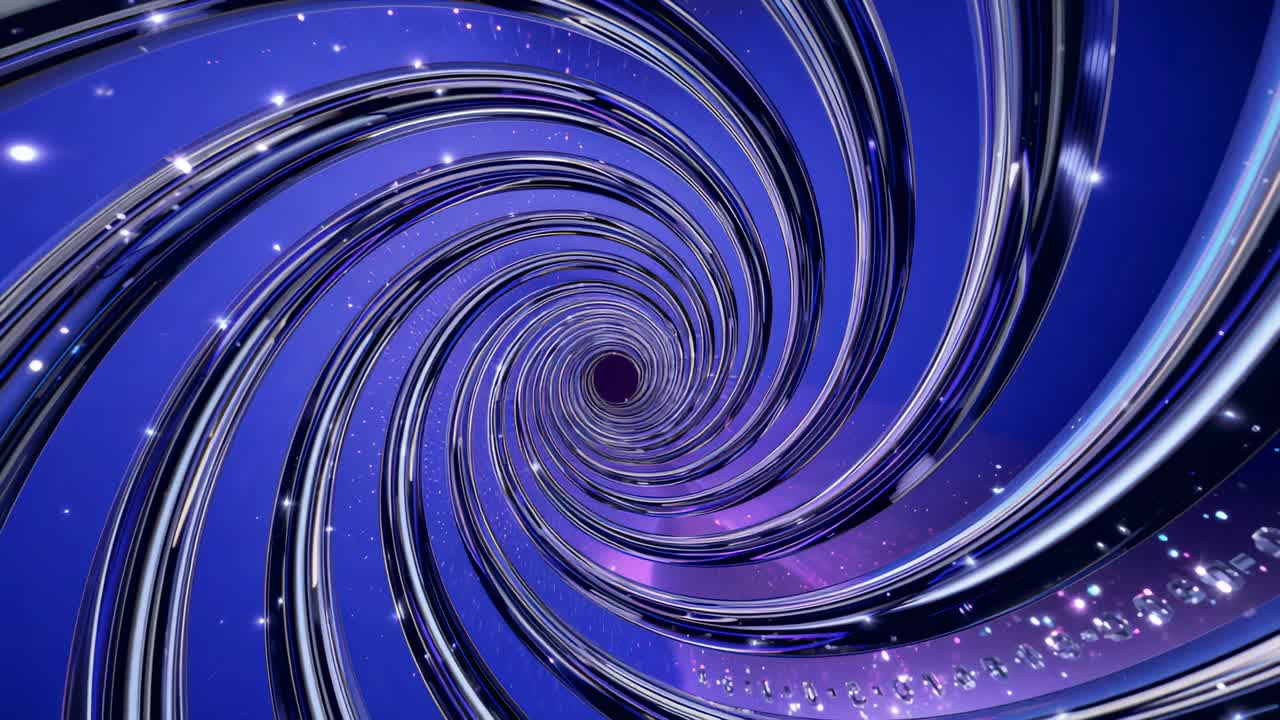 Rotating chrome ribbon spiral reacting to spin, drawing to central void in space with sparkles