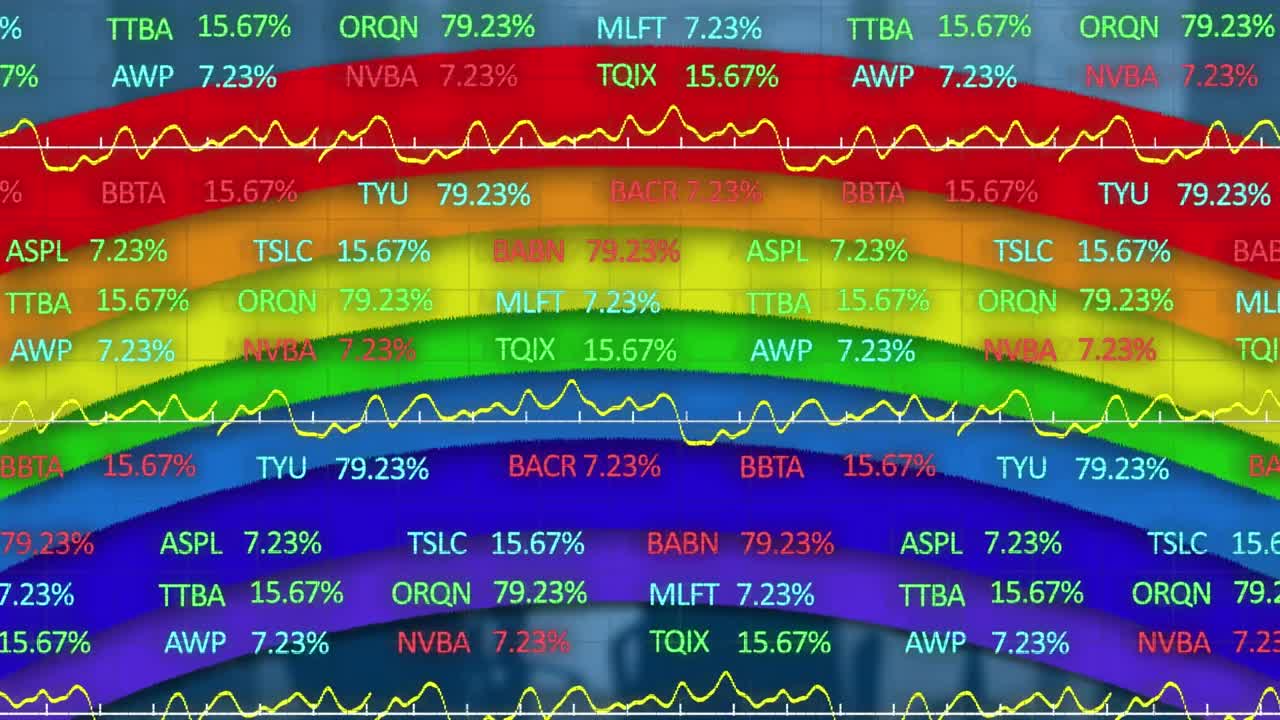 무지개의 애니메이션과 빈 사무실에서 데이터 처리