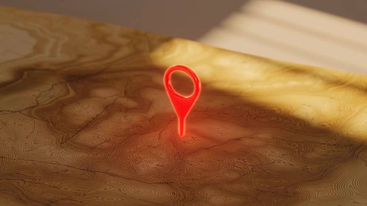 Red location pin stands over stylized topographic terrain with layered contour lines, warm sunlight, textured brown surface, soft focus background, and diagonal light bands for clean commercial