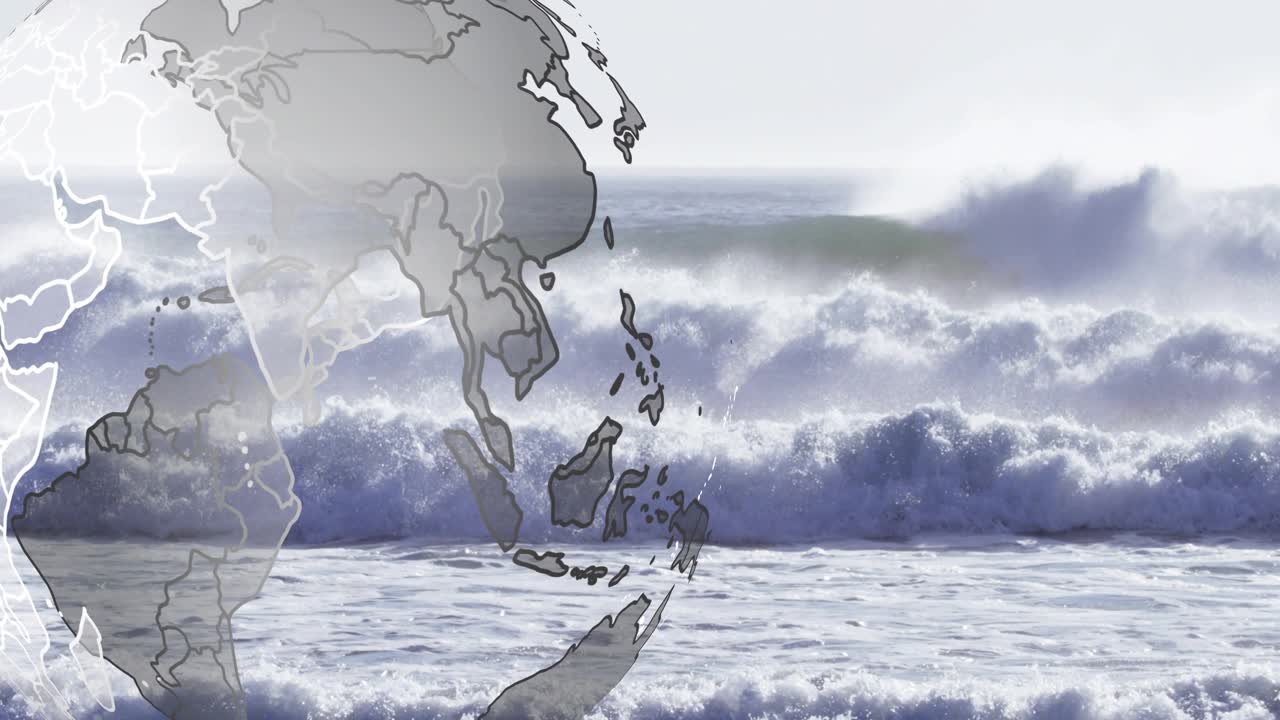 Translucent globe fading in, rotating clockwise over surf, shifting opacity, showing global reach