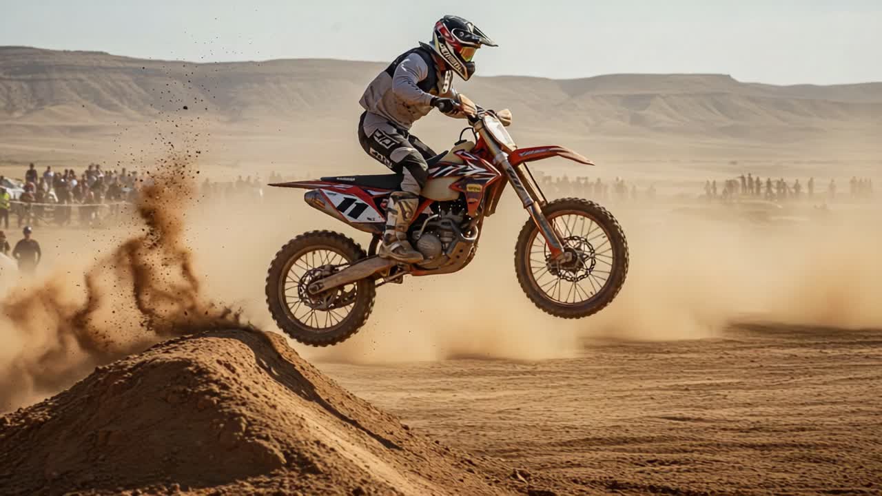 Spectacular Motocross Action: A Rider Soars Through Sand and Dust, Capturing the Thrill of Off-Road Racing in a Stunning Desert Landscape
