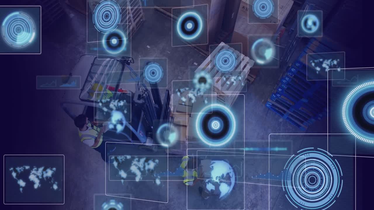 animación del procesamiento de datos con escaneo de alcance sobre diversos trabajadores en el almacén