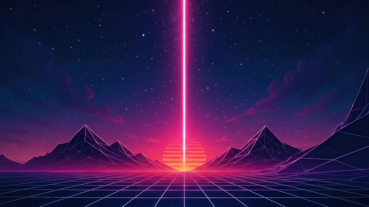 Raggio laser al neon che sorge dal sole in un paesaggio retro synthwave