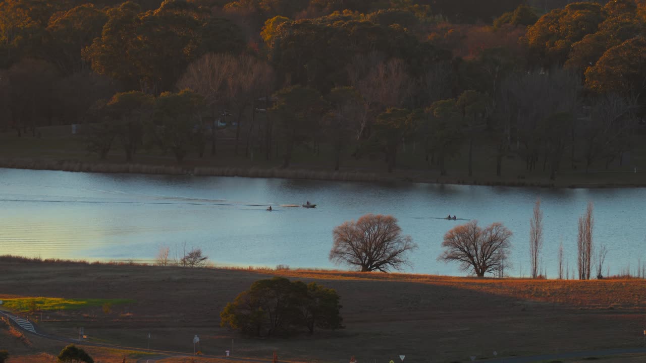 Rowers power through still morning waters of Lake Burley Griffin as treetops catch golden light from the sunrise