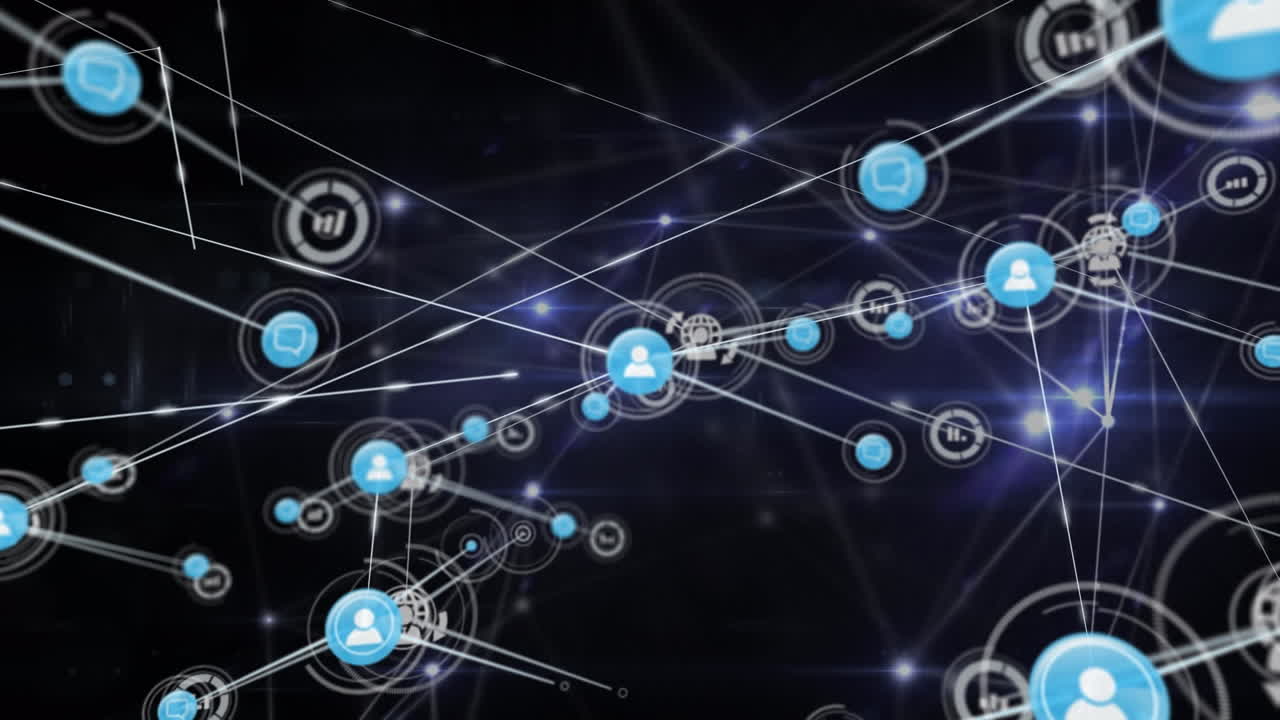 animación de una red de conexiones brillantes e íconos digitales contra un fondo negro.