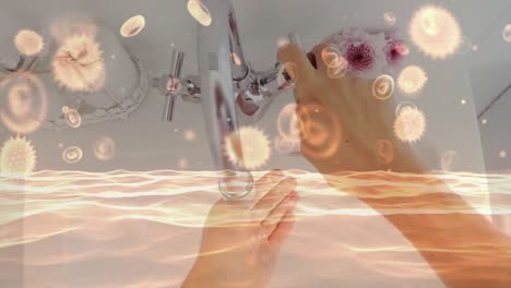 Animation-of-macro-coronavirus-Covid-19-cells-spreading-over-Caucasian-woman-washing-her-hands